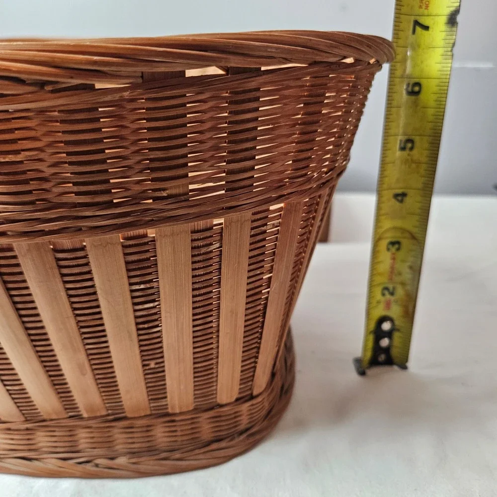 Vintage Woven Bamboo Rattan Basket Tapered Round Top Square Base Boho Decor 10in